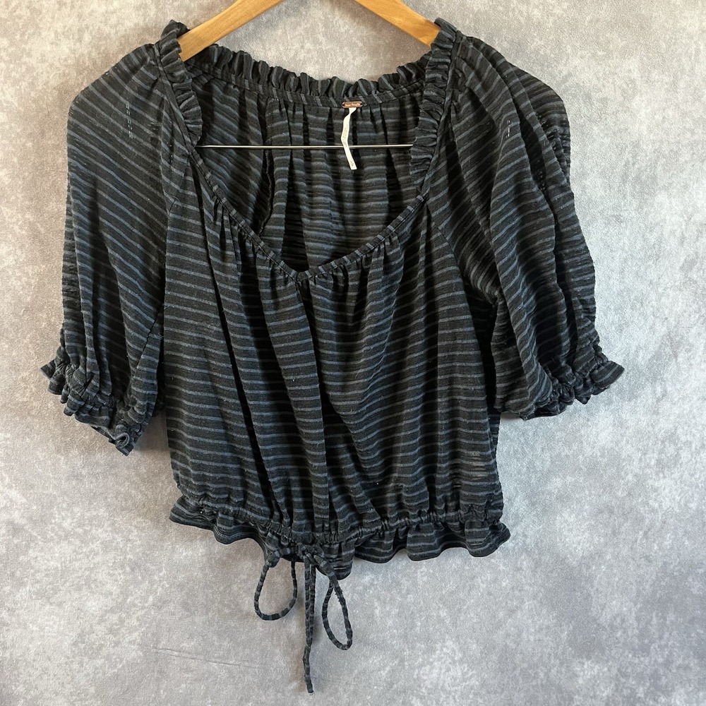 Free People Blouse Women Small Black Blue Striped Ruffle Drawstring Peasant Top